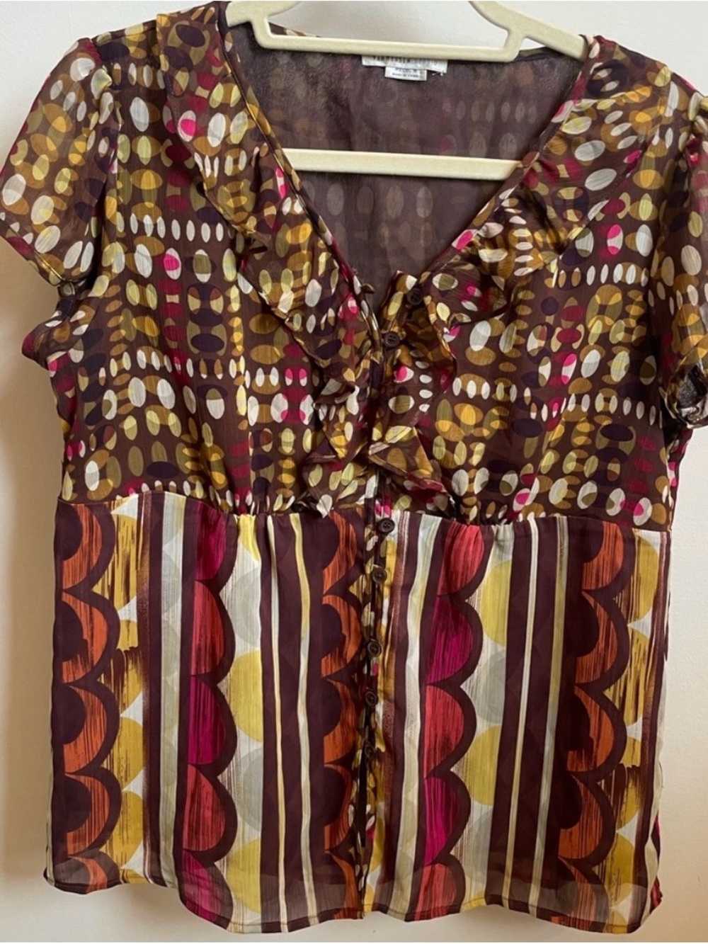 Van Heusen Brown Ruffle Polka Dot Sheer Blouse Womens M